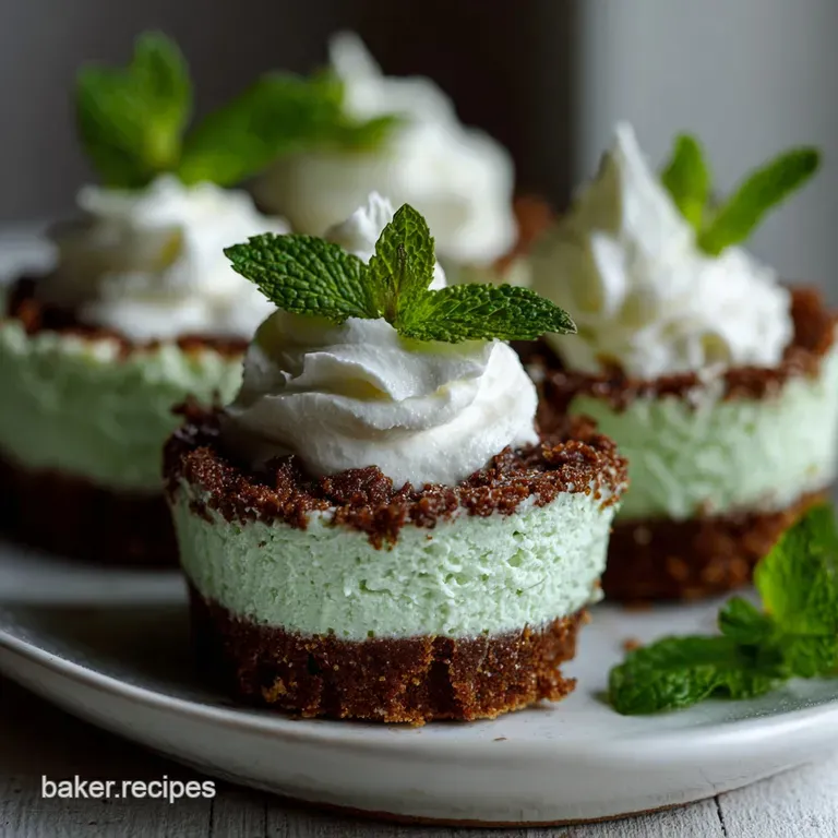 Single green cheesecake topped with dark chocolate curl on a white plate. A dusting of cocoa powder completes the minty de...