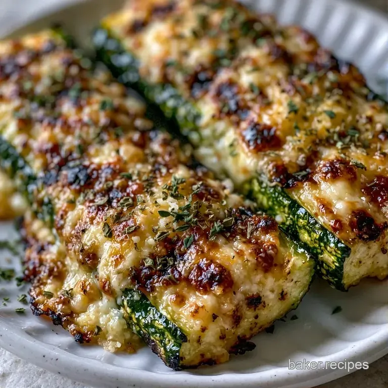 Neatly stacked green vegetable slices with dark char marks and melted cheese on a clean white ceramic plate.