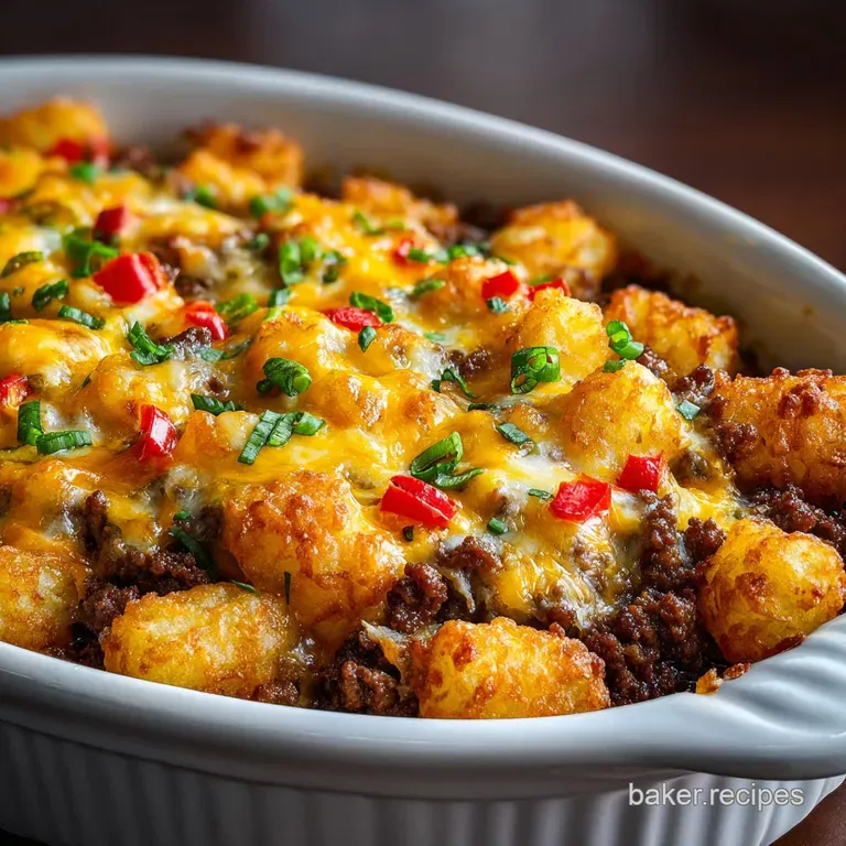 A warm, comforting slice of tater tot casserole; steam rising, cheese melted, inviting homestyle meal on a plate.