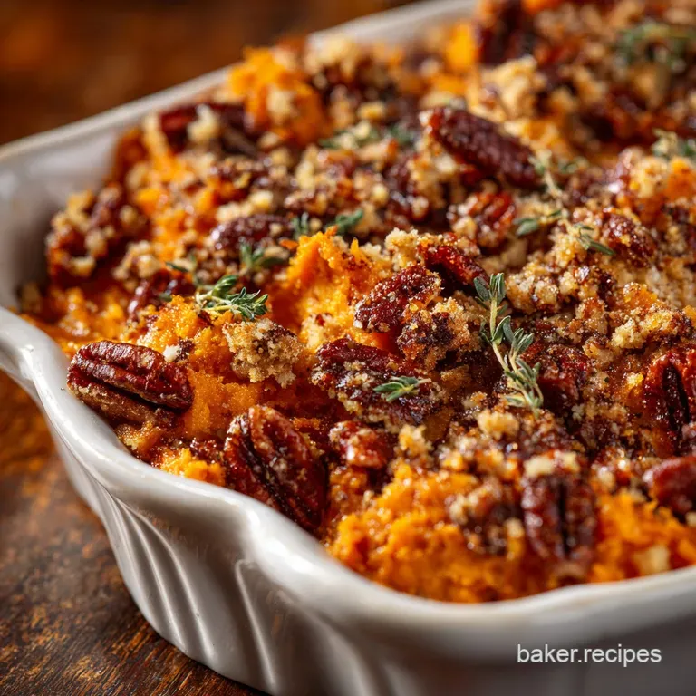 Healthier Sweet Potato Casserole: Lighter Version with Crispy Pecan Crumble presentation