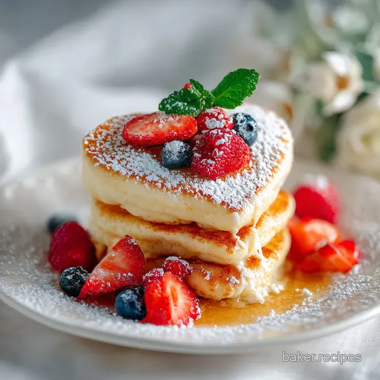 Elegant brunch plate with stacked heart pancakes, glistening syrup drizzle, vibrant strawberries, and fluffy whipped cream.