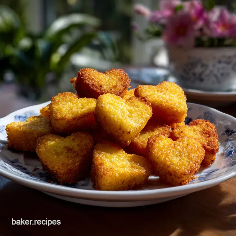 Crisp polenta hearts artfully plated with a vibrant dipping sauce. The smooth sauce contrasts the bite's textured surface,...