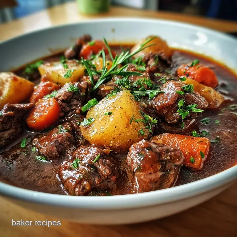 Elegantly plated beef stew with a sprig of parsley. Steam rises from the bowl hinting at comforting warmth.