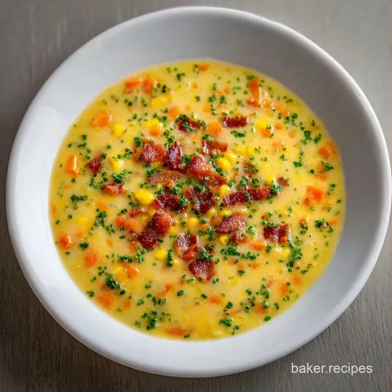 A white ceramic bowl of thick yellow soup, garnished with smoky crumbled bacon and fresh chopped green chives.