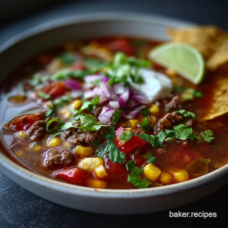 Steaming taco soup in a white bowl, topped with shredded cheddar, chopped cilantro, & a lime wedge. The vibrant colors inv...