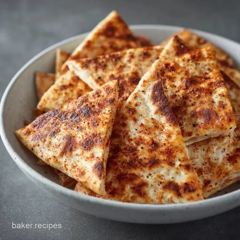 Toasted golden triangles piled high in a ceramic bowl next to a creamy dip topped with olive oil and paprika.