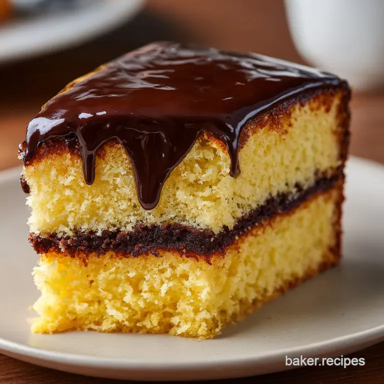 A precise slice of yellow sponge cake with thick pastry cream and a dark, reflective chocolate glaze on a white plate.
