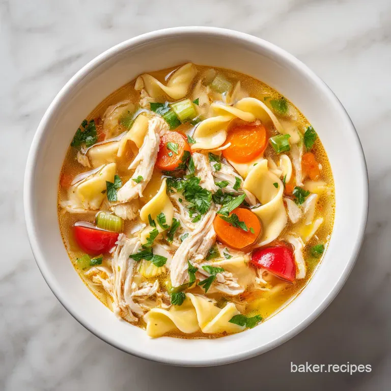 A steaming bowl of chicken noodle soup, artfully garnished with fresh parsley and crusty bread.