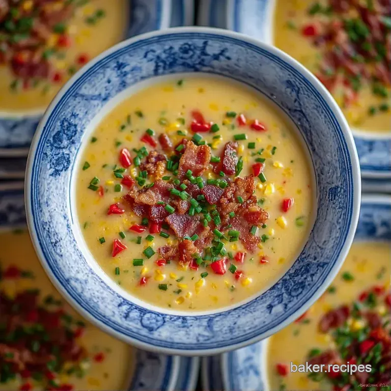 Thick, golden-yellow soup in a white porcelain bowl, garnished with a cream swirl and fresh green chives.