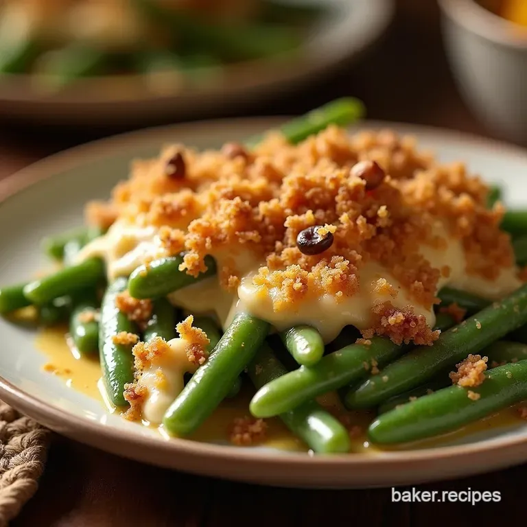 The Proper British Way Homemade Creamy Green Bean Casserole with Crispy Shallot Topping presentation