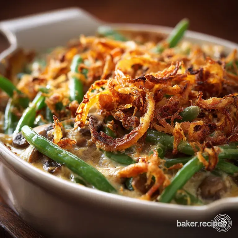 The Proper Job Green Bean Casserole with Rich Mushroom Sauce and Homemade Crispy Shallots presentation