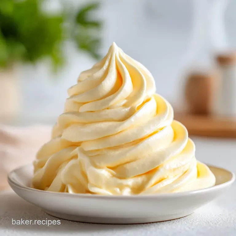 A precise swirl of smooth yellow cream topped with a single bright red raspberry and a sprig of mint on white porcelain.