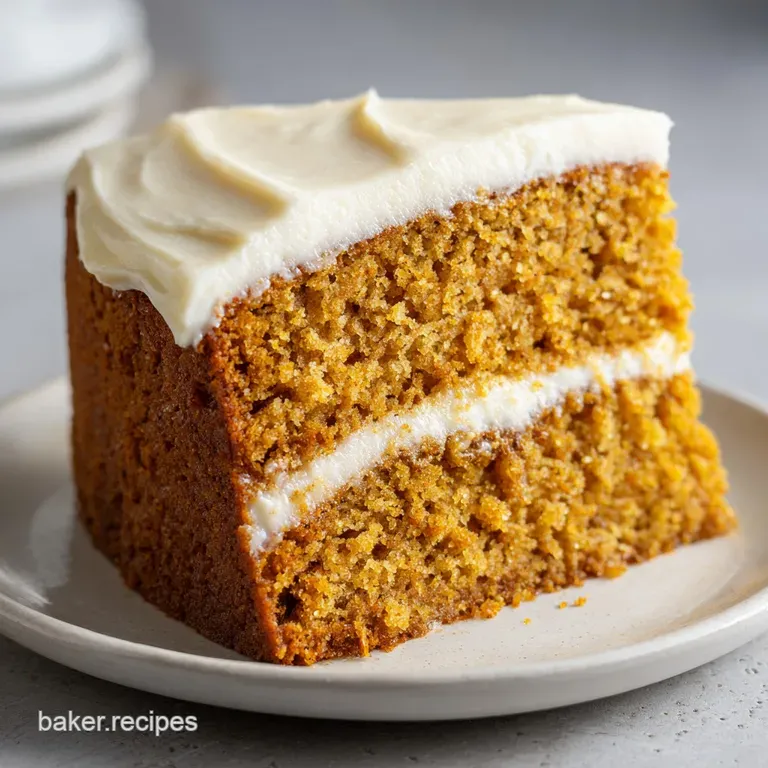A slice of moist amber-colored cake on a white ceramic plate, garnished with a cinnamon stick and a dusting of sugar.