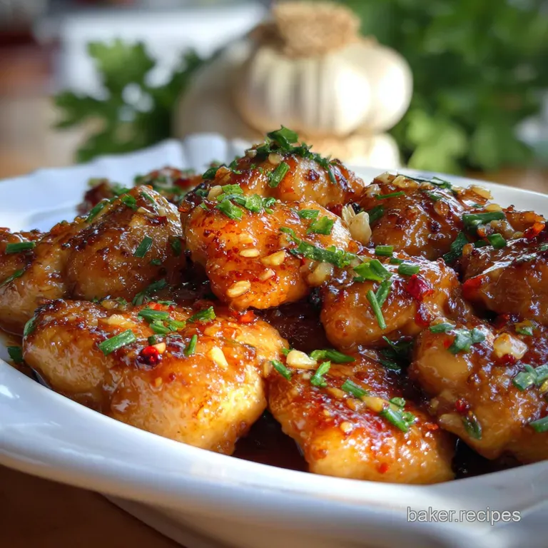 Elegant plated chicken, lacquered in honey-garlic, atop fluffy rice. Garnished with vibrant green scallions for a fresh fi...