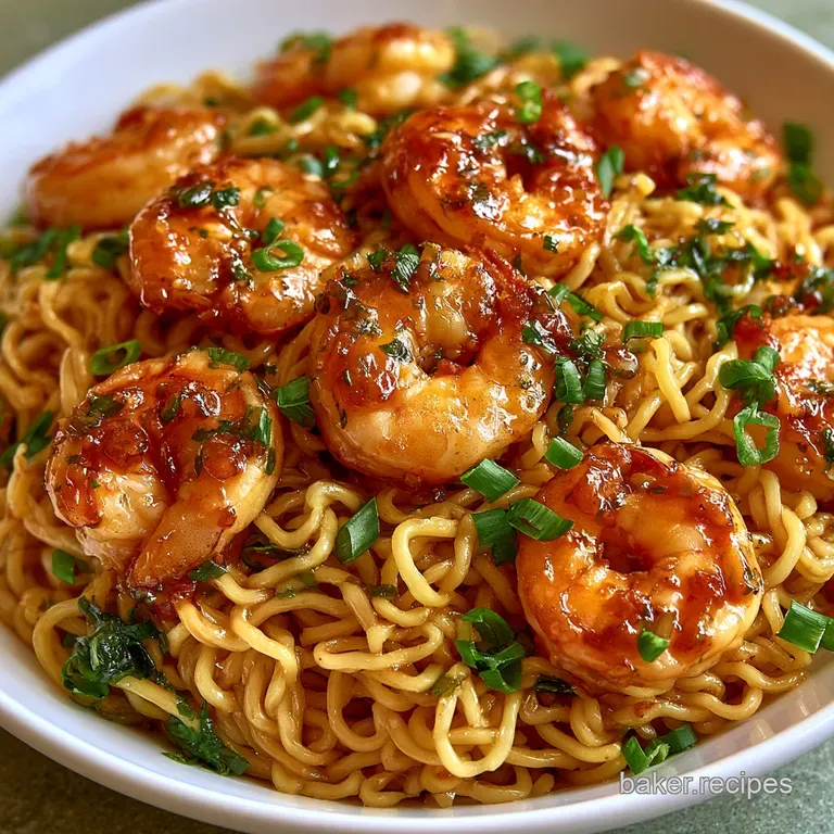 Golden stir-fried noodles topped with glazed pink shrimp and bright green scallions on a modern slate platter.