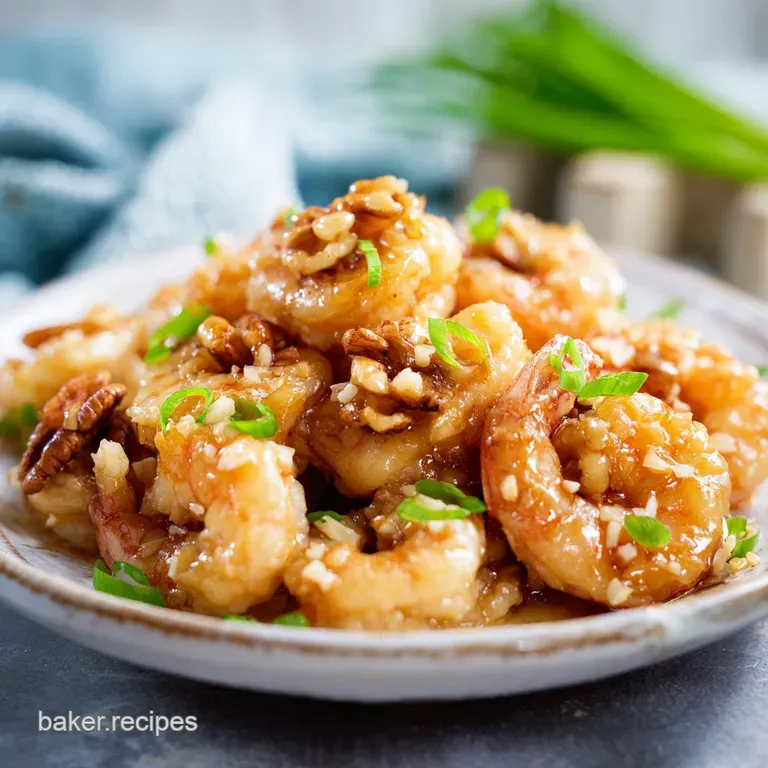 Honey-glazed shrimp cascade over a bed of crisp lettuce, sesame seeds scattered, hints of vibrant green onion.