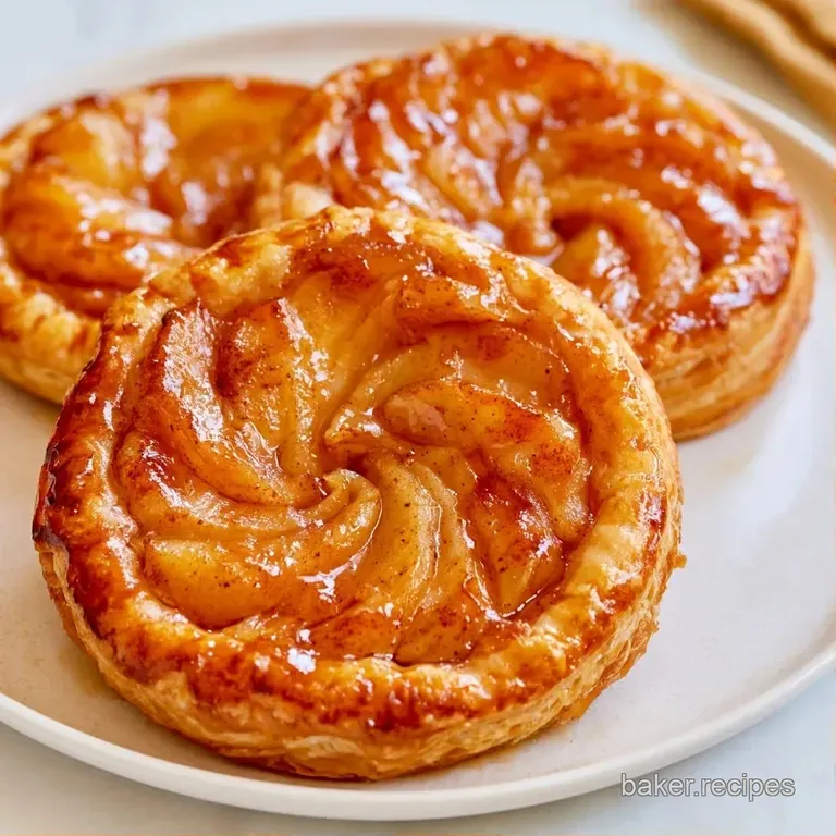 Two flaky apple pastries on a white ceramic plate, garnished with a sprig of mint and a drizzle of vanilla cream.