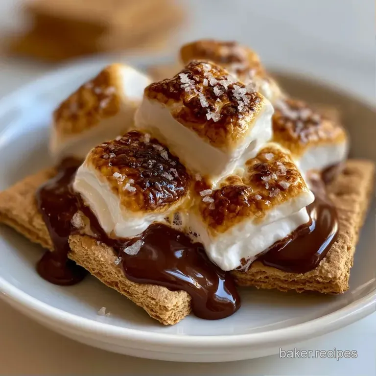Golden toasted marshmallows atop melted chocolate on a white platter, paired with fresh berries and mint leaves.