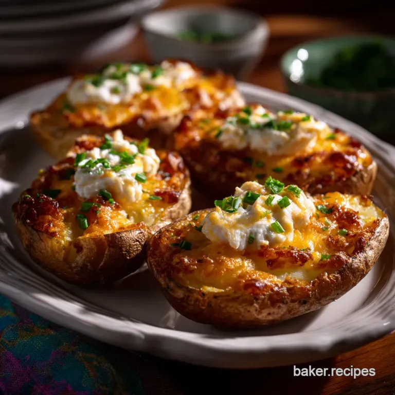 Three potato skins, arranged artfully on a white plate, showcasing the fluffy potato filling and bubbly cheese.