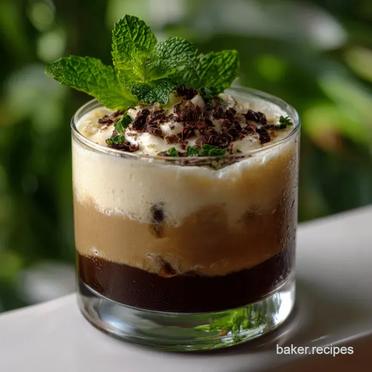 Elegant stemmed glass filled with a frosty, layered cocktail; a chocolate-rimmed glass presents the perfect pairing for th...