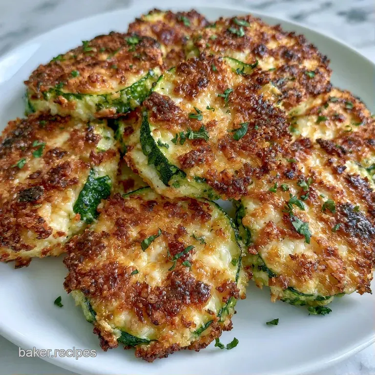 Neatly stacked zucchini rounds with bubbling toasted cheese and a sprig of basil on a white porcelain plate.