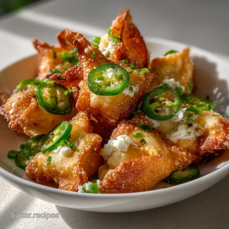 Elegant plate of crispy wonton poppers, garnished with fresh cilantro and a dollop of creamy sauce, promising a delightful...