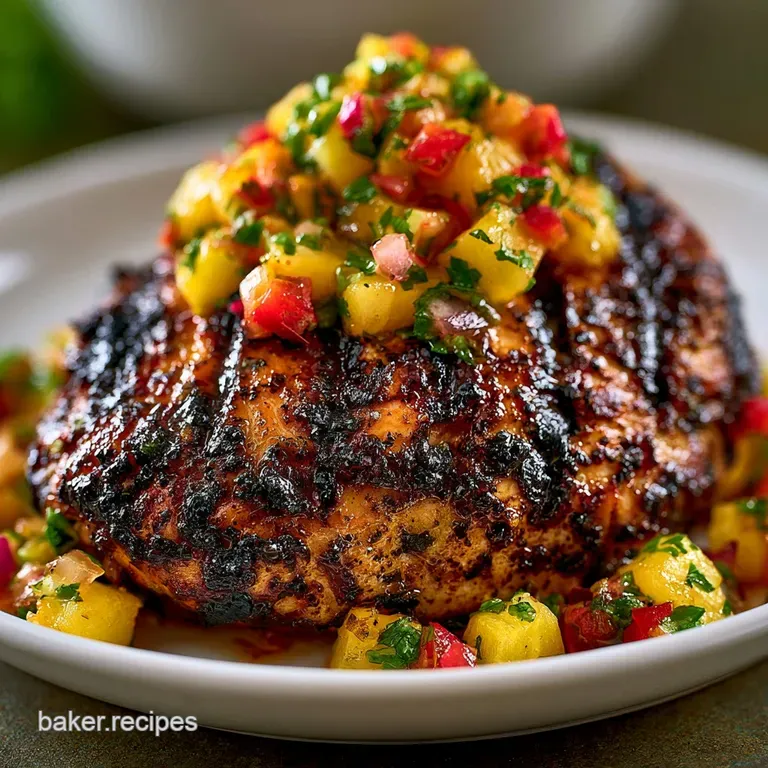 Vibrant bowl of blackened chicken and fluffy grains topped with a colorful mix of diced pineapple and red onion.