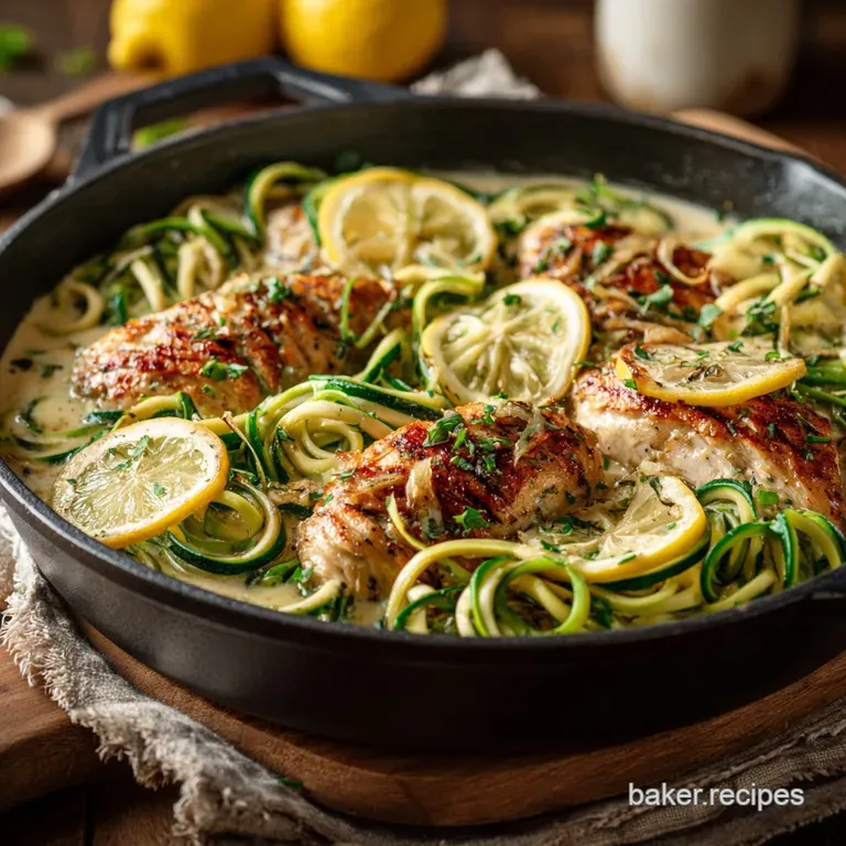 Creamy Lemongarlic Keto Chicken and Zoodles Skillet presentation