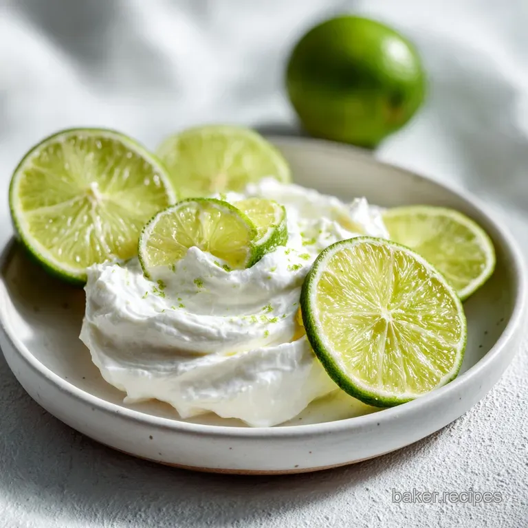 Elegant parfait glass filled with fluffy key lime dip, topped with a bright green lime slice. Looks light and refreshing.