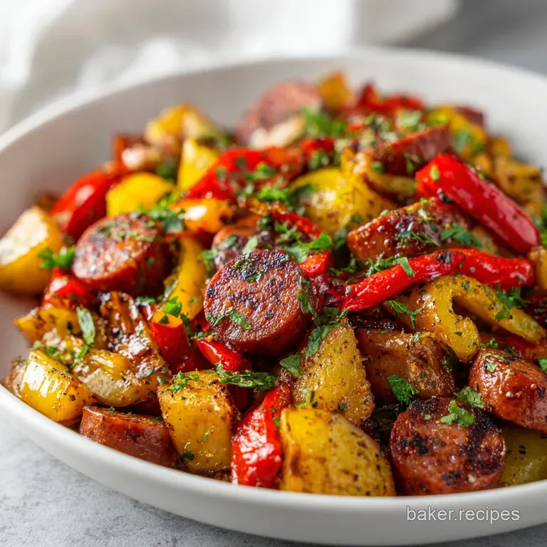 Individual plate featuring a mound of savory kielbasa hash garnished with fresh parsley; sunlight highlights the textures ...