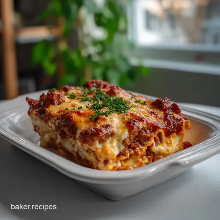 A perfectly plated lasagna slice, revealing savory layers of meat sauce, melted mozzarella, and ricotta cheese, garnished ...