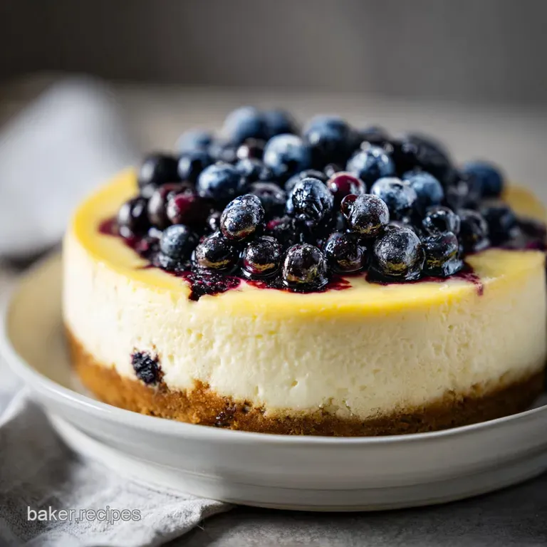Slice of creamy cheesecake with burst blueberries and lemon zest. Creamy texture with a buttery crust plated on a white pl...
