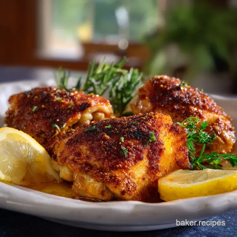 Perfectly plated chicken thigh showing crispy skin, glistening with juices and spice. Bright lemon slices add a pop of color.