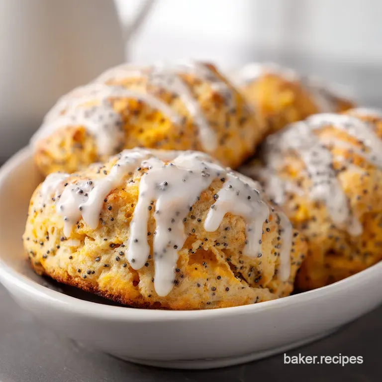 Three buttery, pale gold pastries topped with sugary glaze, served on a white ceramic plate with fresh lemon slices.