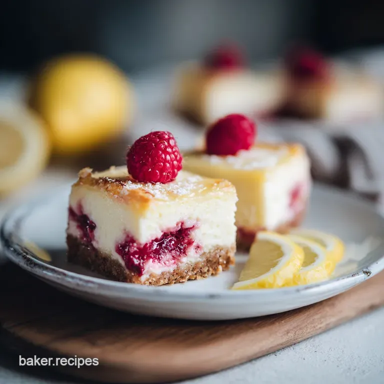 A slice of creamy cheesecake drizzled with raspberry sauce, garnished with lemon zest and mint.