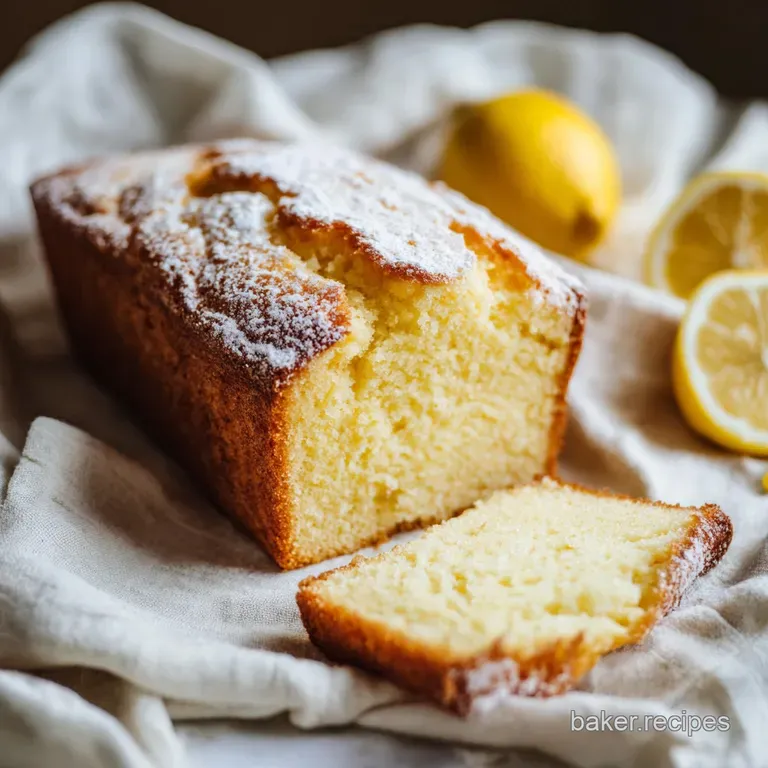 Elegant slice of bright lemon pound cake on a white plate, adorned with a sprig of mint and fresh blueberries.