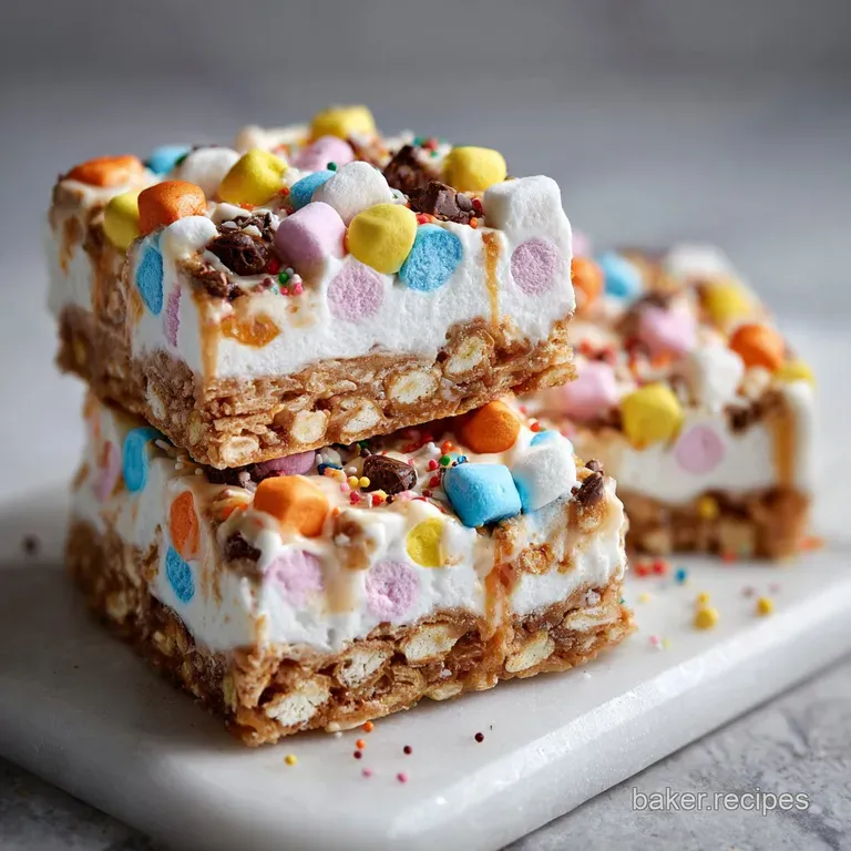 Stacked, shiny marshmallow bars with M&Ms, reflecting light, against a blurred backdrop. A sweet, vibrant confection.