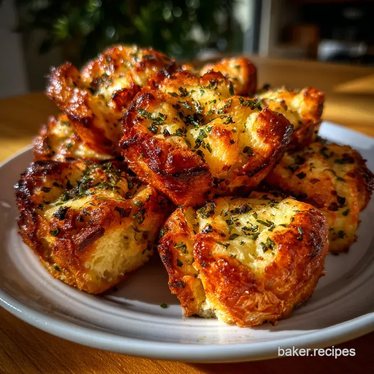 Arrangement of toasted baguette slices with roasted garlic, herbs, and olive oil on a white plate, perfect for a party.