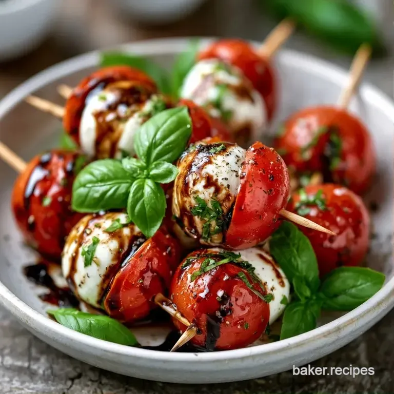 Small skewers of red tomato and white cheese arranged in a circle, drizzled with a thick, glossy balsamic reduction.