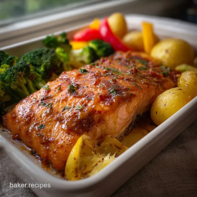 Flaky salmon fillet with a glossy glaze, artfully arranged on a white plate alongside vibrant, roasted asparagus and red b...