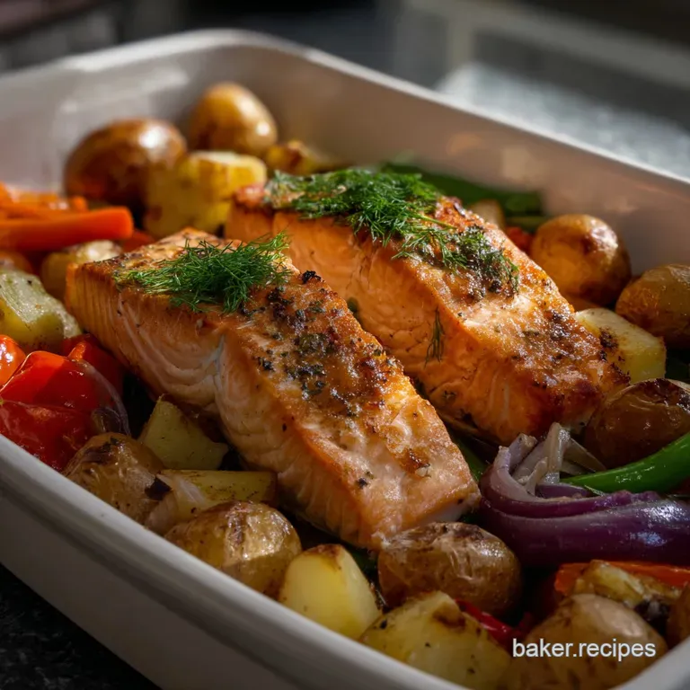 Perfectly seared salmon fillet, showcasing a glistening glaze, paired with artfully arranged, tender roasted vegetables. A...