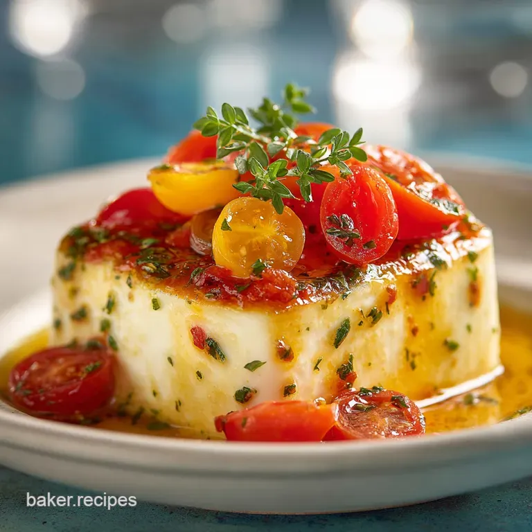 Elegant plate featuring creamy marinated cheese cubes drizzled with oil, sprinkled with herbs, alongside crusty bread.