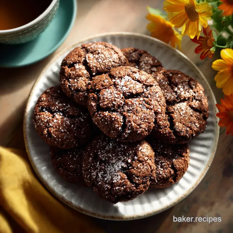 Tower of rich, dark chocolate cookies sprinkled with coarse sugar and chili powder, inviting warmth, stacked artfully on a...