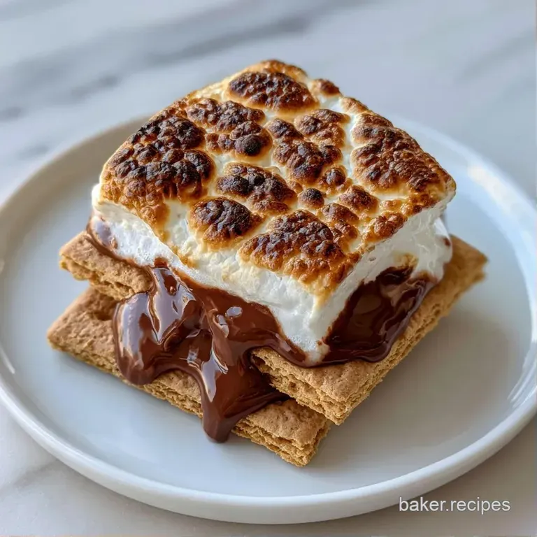 Neatly stacked toasted treats on a white ceramic plate, showing melted chocolate dripping over crisp crackers.