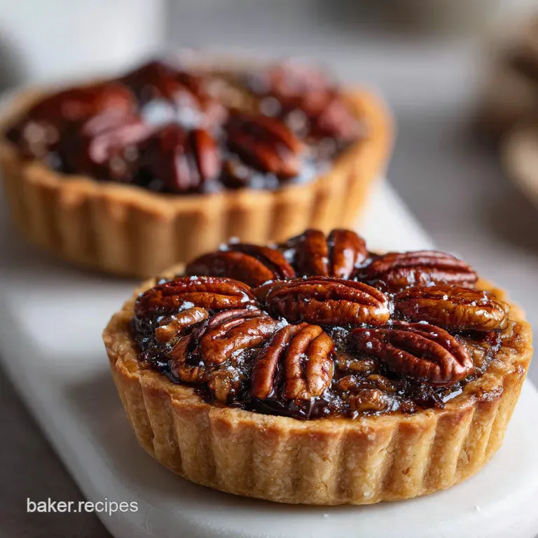 A single mini pecan pie with a glistening chocolate center and crisp edges on a white plate, inviting and elegant.