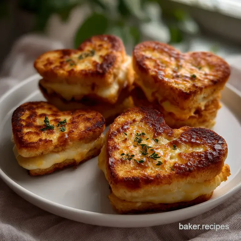 Mini grilled cheese hearts elegantly arranged on a white plate with fresh parsley garnish, ready to be enjoyed.