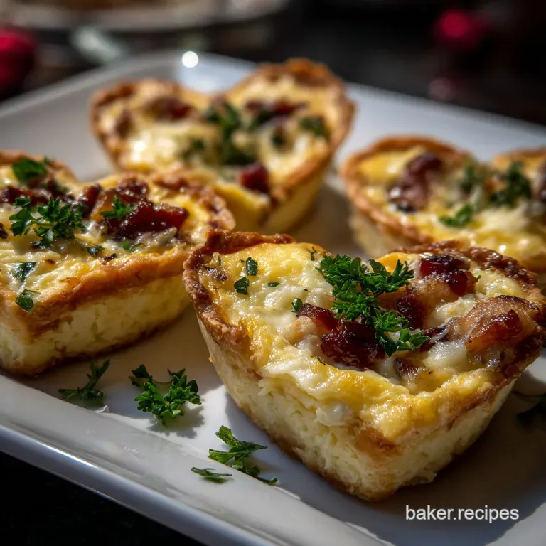Delicate quiche hearts artfully arranged on a white plate, garnished with microgreens. The warm, inviting glow suggests a ...