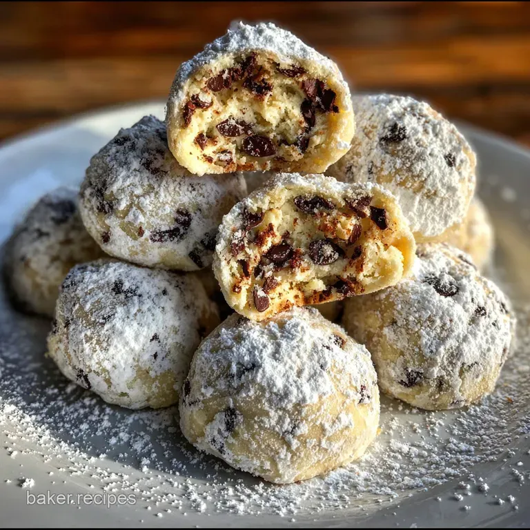 Elegant plate of mint chocolate chip snowball cookies. Their cracked surfaces reveal specks of green & dark chocolate unde...