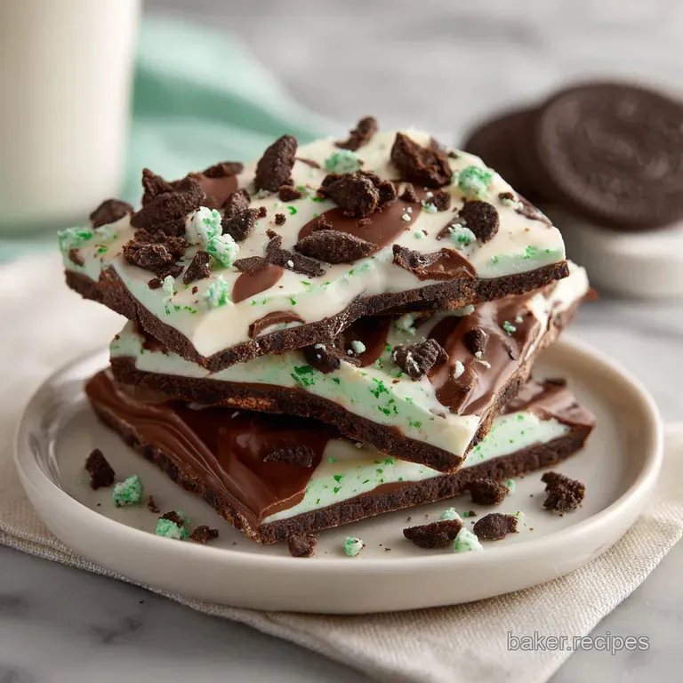 A slice of colorful mint Oreo bark, revealing layers of chocolate and cookie chunks, set on a delicate white plate.