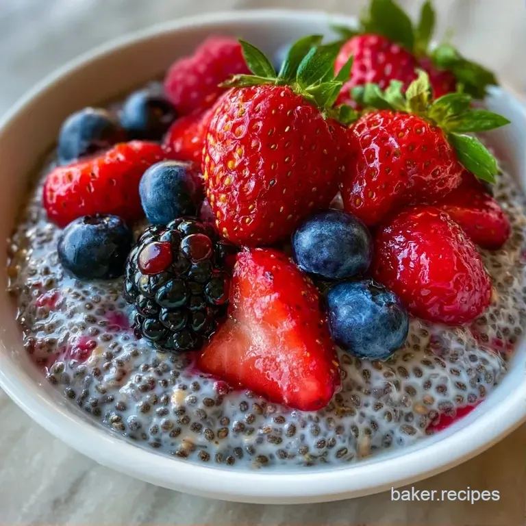 Elegant glass jar filled with layered creamy seeds, vibrant summer berries, and a fresh sprig of mint.